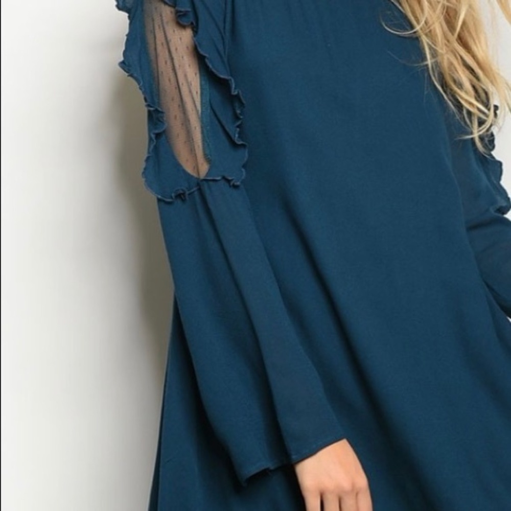 Teal Dress With Ruffles and Mesh Design Detail - Picture 3 of 8